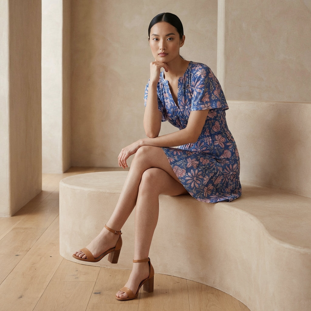 Blue-Pink Floral Block Print Cotton Elasticated Short Tier Dress