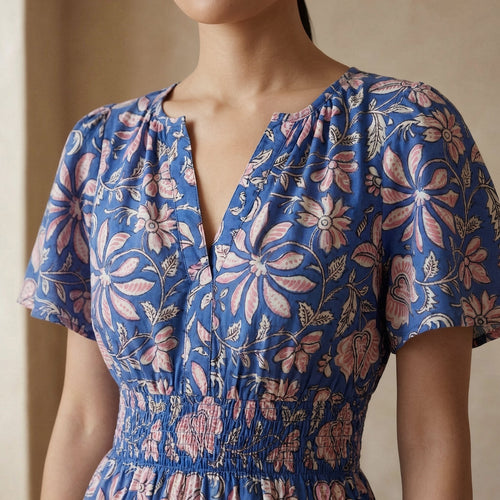 Blue-Pink Floral Block Print Cotton Elasticated Short Tier Dress
