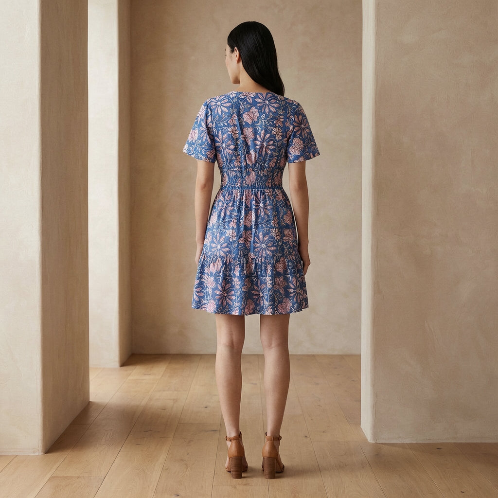 Blue-Pink Floral Block Print Cotton Elasticated Short Tier Dress