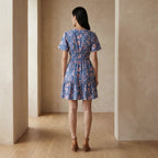 Blue-Pink Floral Block Print Cotton Elasticated Short Tier Dress