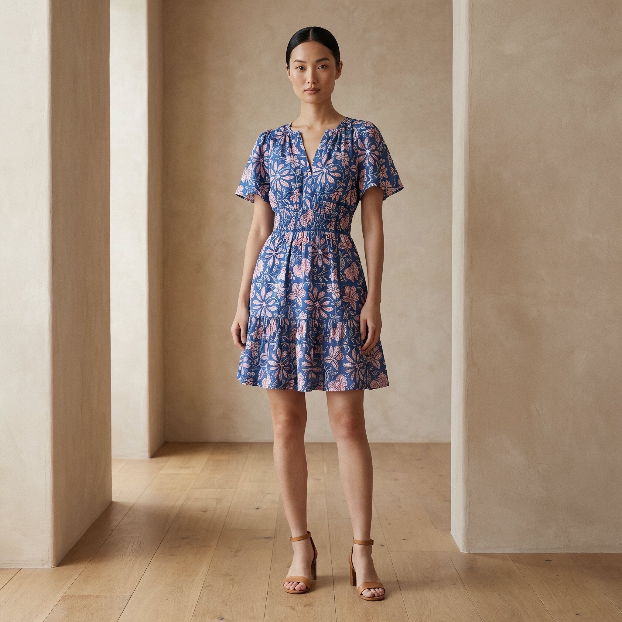 Blue-Pink Floral Block Print Cotton Elasticated Short Tier Dress