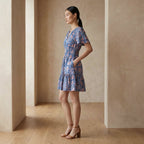 Blue-Pink Floral Block Print Cotton Elasticated Short Tier Dress
