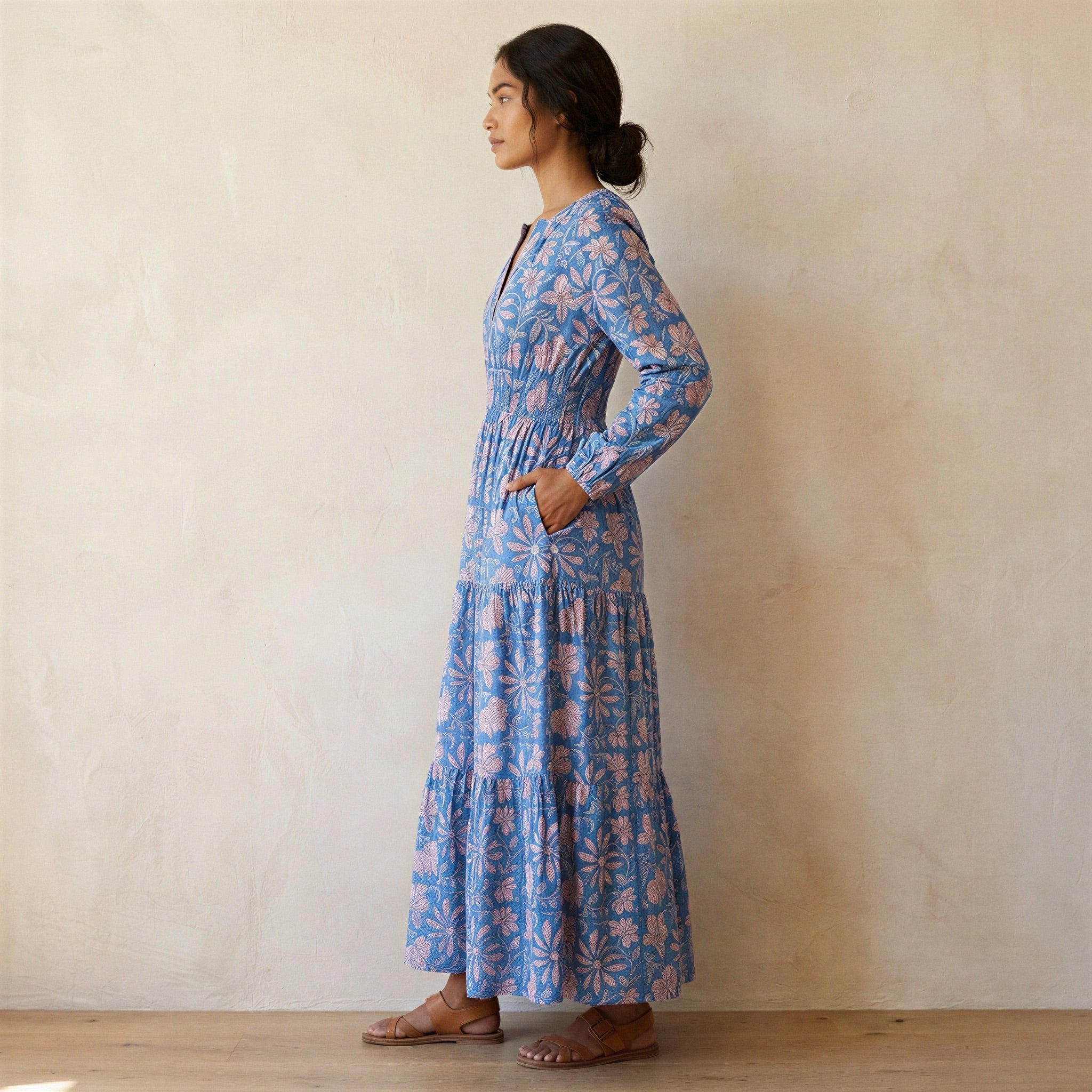 Blue-Pink Floral Block Print Cotton Fit and Flare Maxi Tier Dress