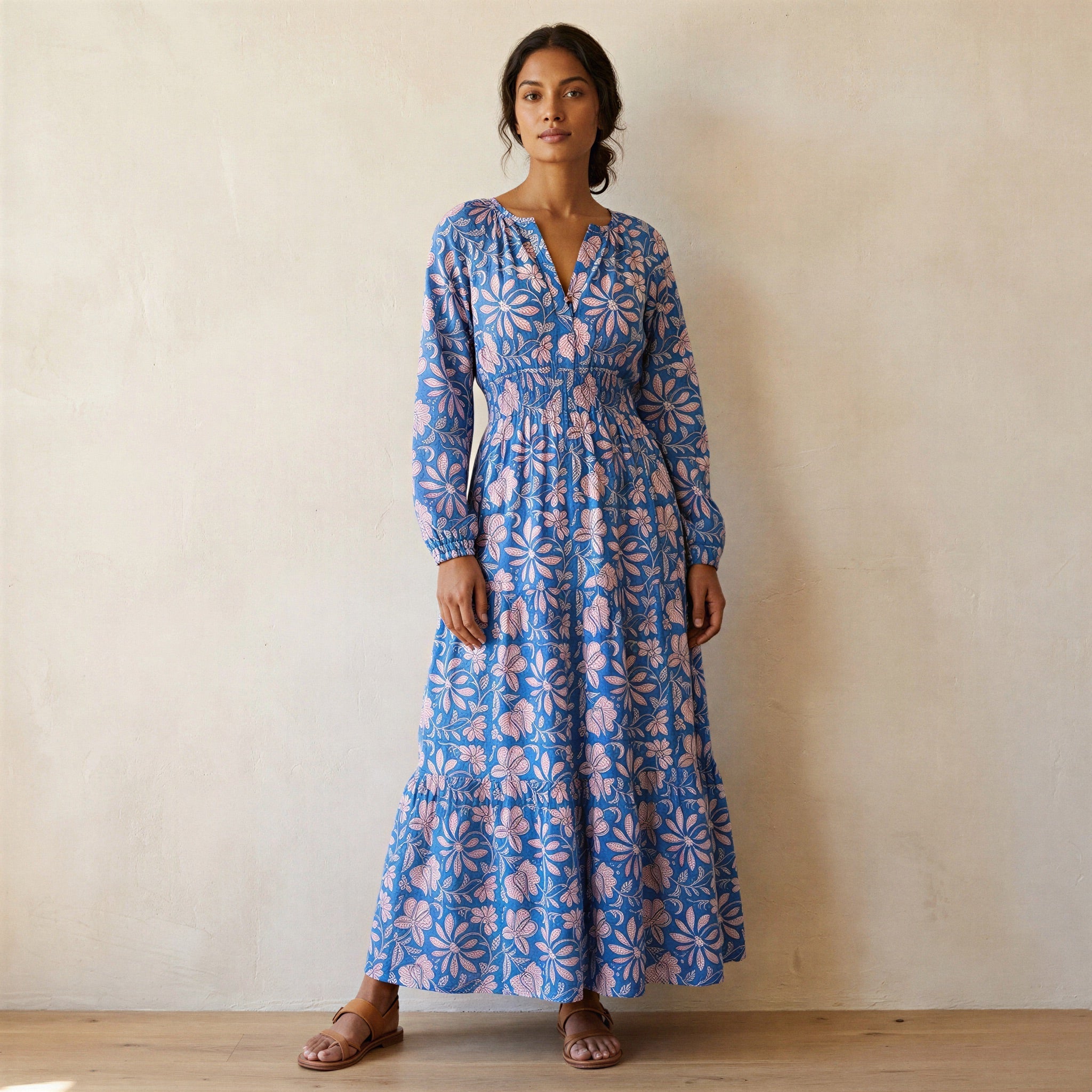 Blue-Pink Floral Block Print Cotton Fit and Flare Maxi Tier Dress