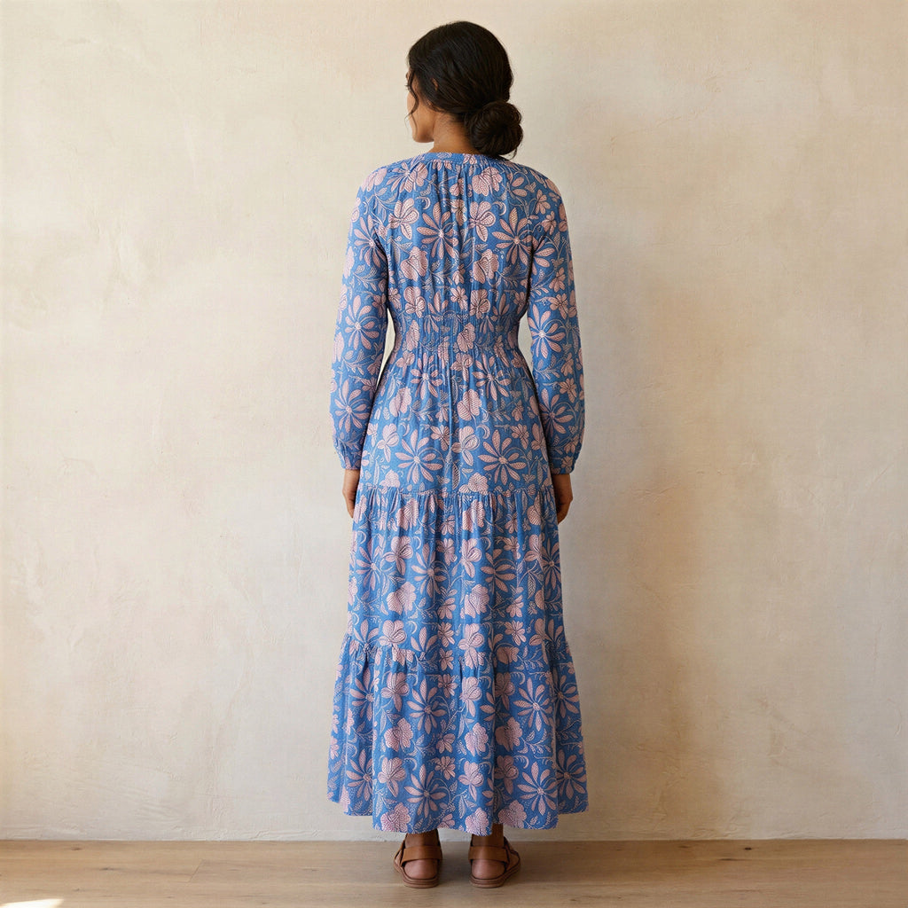 Blue-Pink Floral Block Print Cotton Fit and Flare Maxi Tier Dress