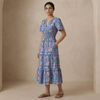 Blue-Pink Floral Block Print Cotton Flutter Sleeve Tie-Back Tiered Midi Dress