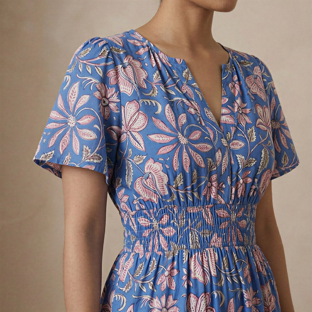 Blue-Pink Floral Block Print Cotton Flutter Sleeve Tie-Back Tiered Midi Dress