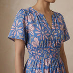 Blue-Pink Floral Block Print Cotton Flutter Sleeve Tie-Back Tiered Midi Dress