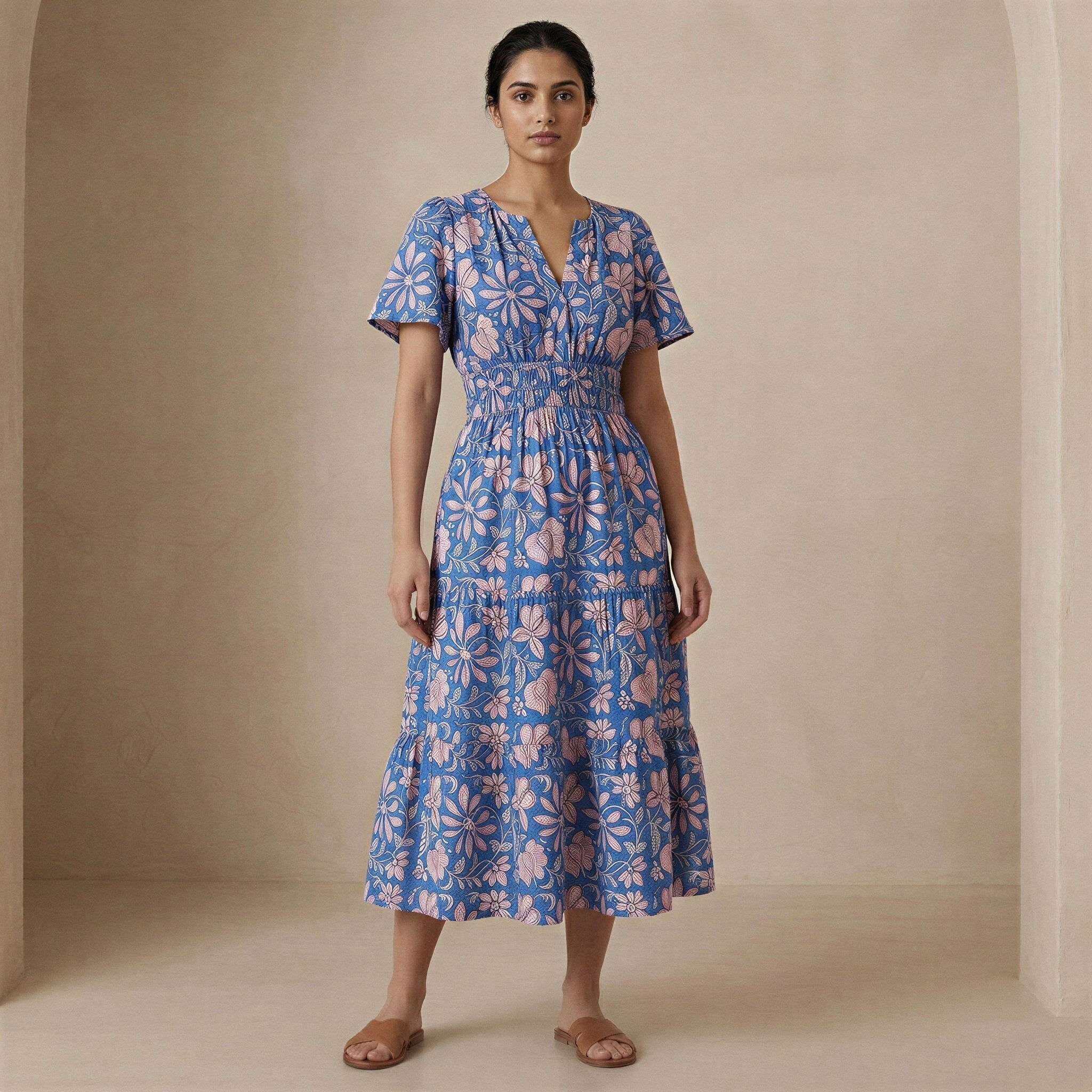 Blue-Pink Floral Block Print Cotton Flutter Sleeve Tie-Back Tiered Midi Dress