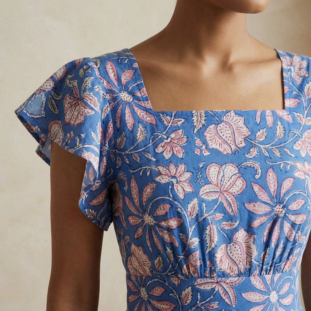 Blue-Pink Floral Block Print Cotton Open-Back Fit and Flare Knee Length Dress
