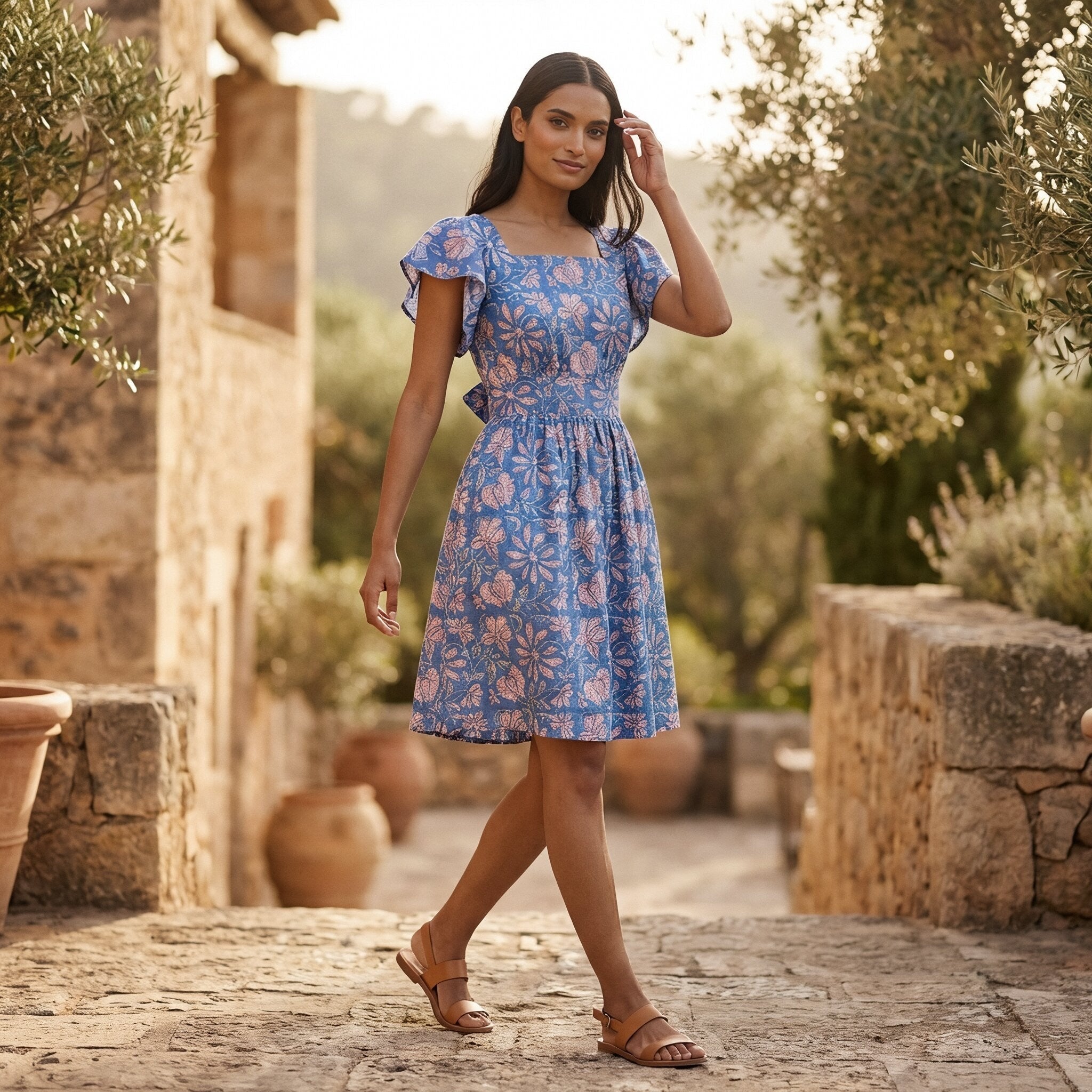 Blue-Pink Floral Block Print Cotton Open-Back Fit and Flare Knee Length Dress