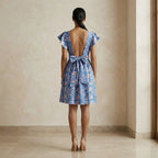 Blue-Pink Floral Block Print Cotton Open-Back Fit and Flare Knee Length Dress
