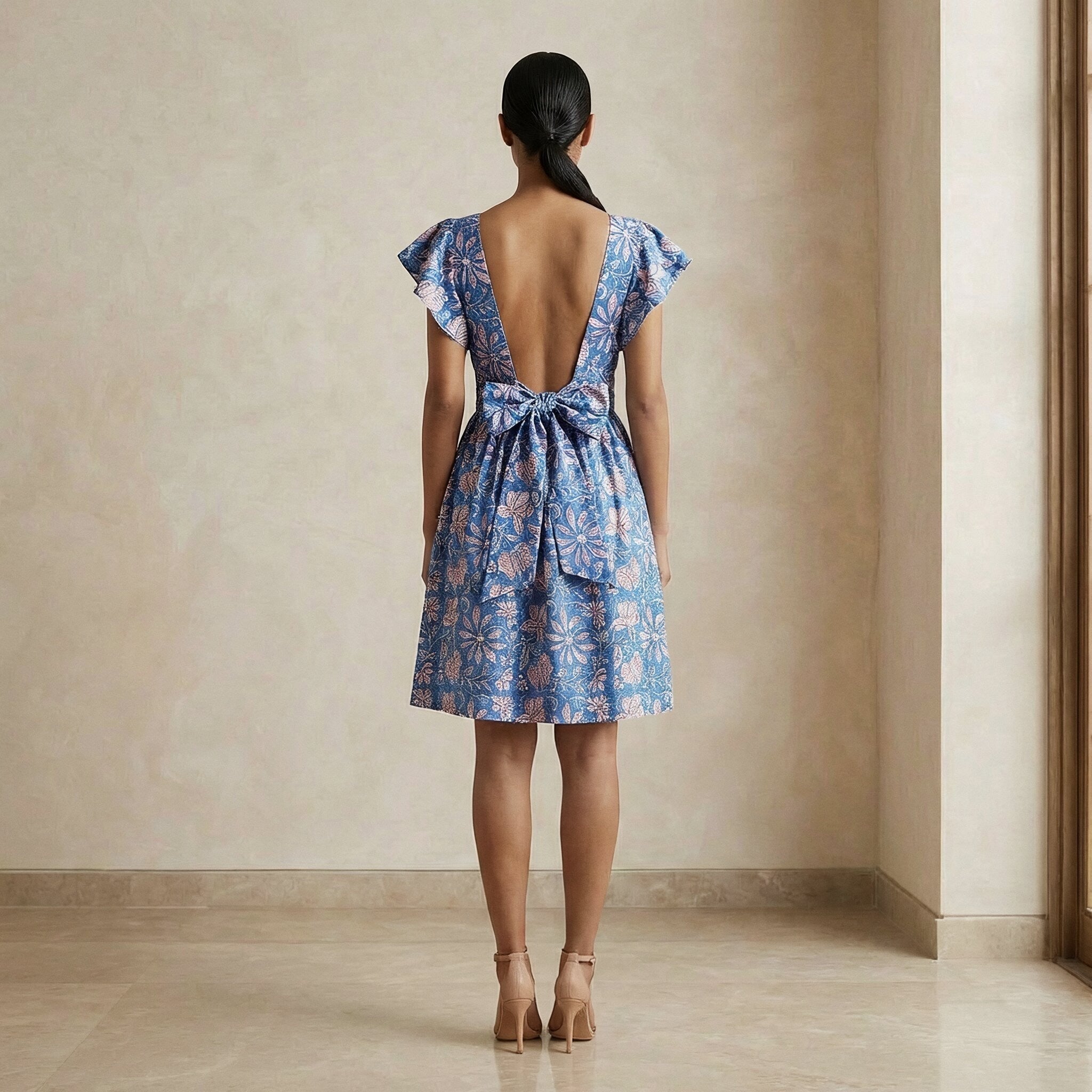 Blue-Pink Floral Block Print Cotton Open-Back Fit and Flare Knee Length Dress