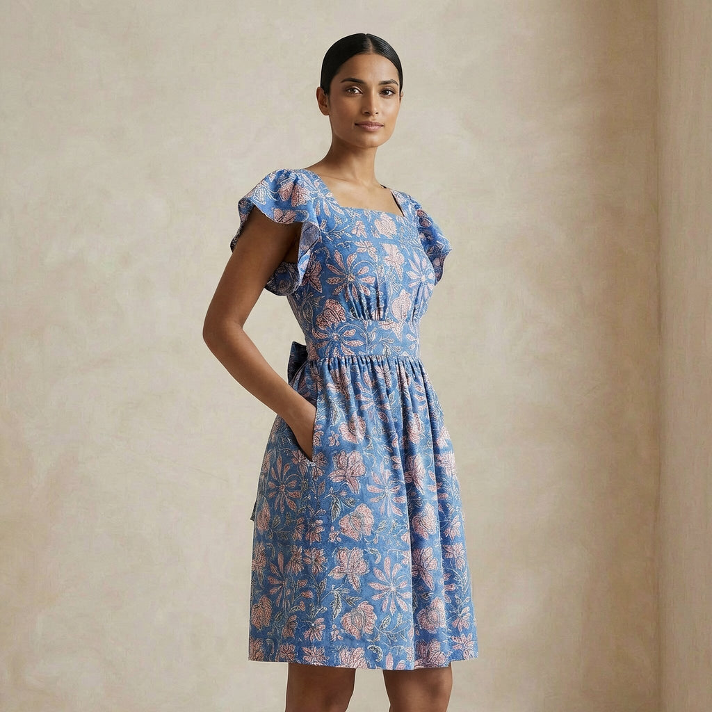 Blue-Pink Floral Block Print Cotton Open-Back Fit and Flare Knee Length Dress