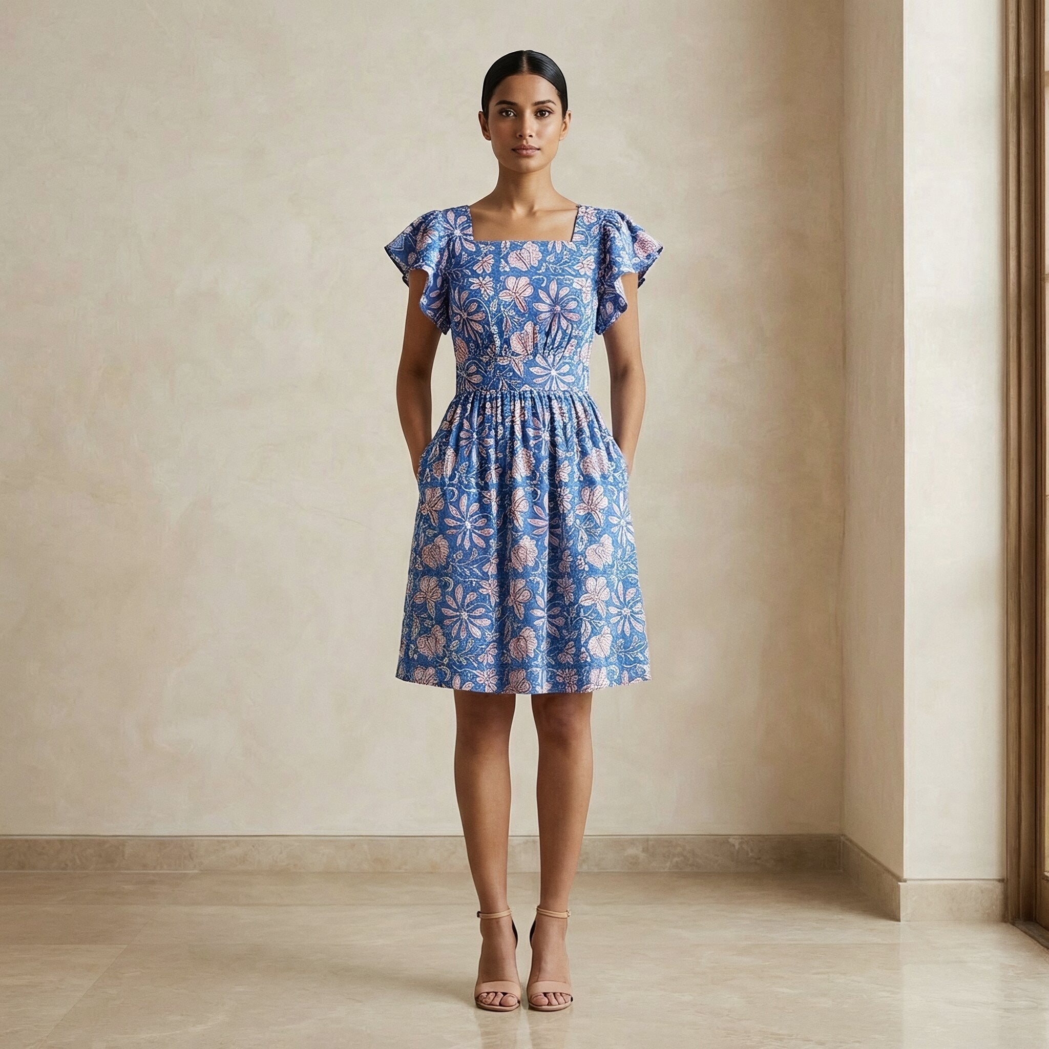 Blue-Pink Floral Block Print Cotton Open-Back Fit and Flare Knee Length Dress