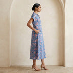 Blue-Pink Floral Block Print Cotton Paneled A-Line Midi Dress