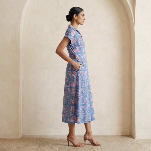Blue-Pink Floral Block Print Cotton Paneled A-Line Midi Dress