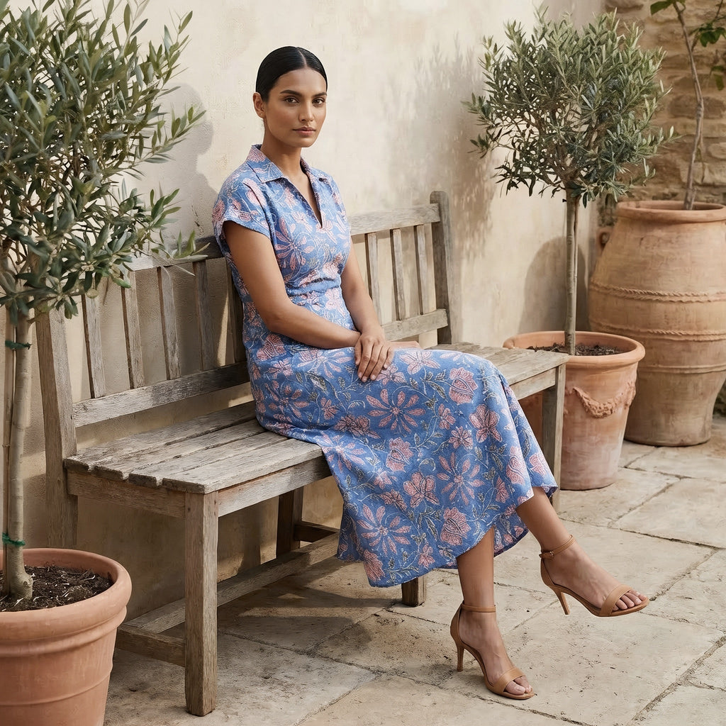 Blue-Pink Floral Block Print Cotton Paneled A-Line Midi Dress