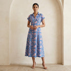 Blue-Pink Floral Block Print Cotton Paneled A-Line Midi Dress