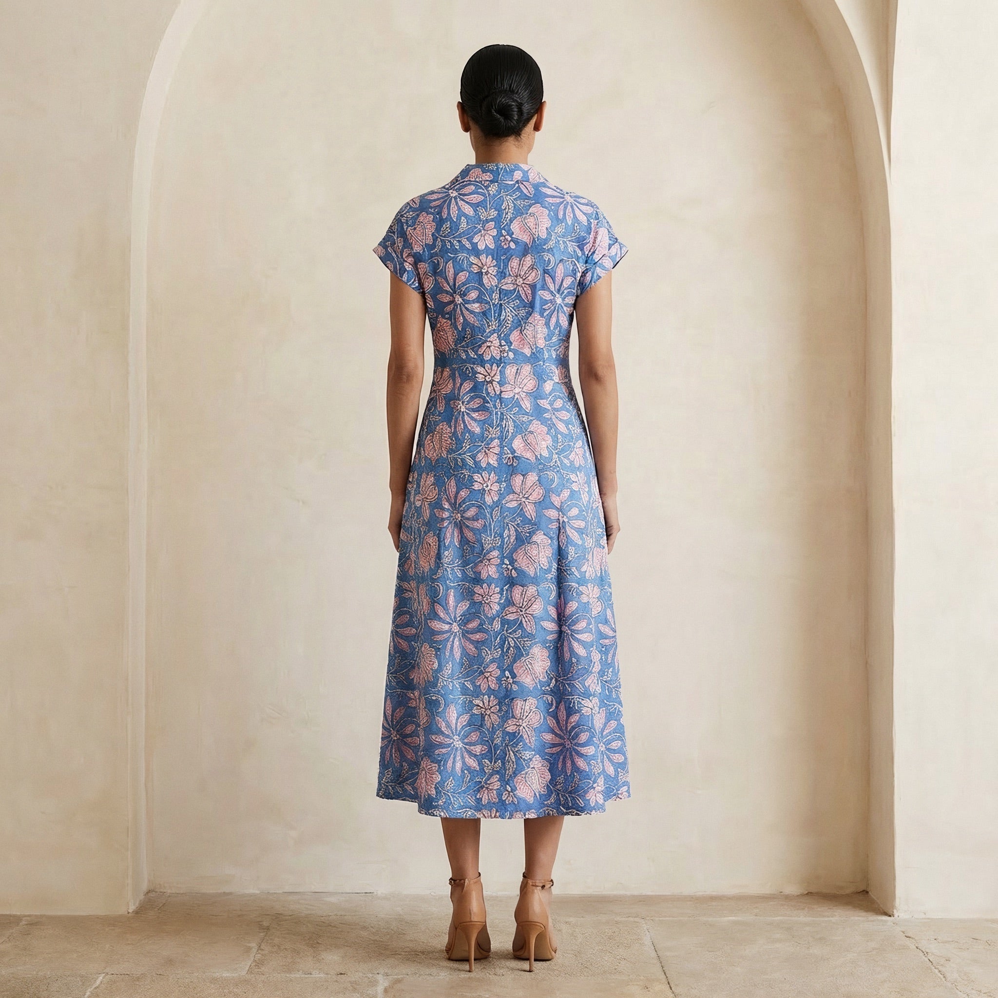 Blue-Pink Floral Block Print Cotton Paneled A-Line Midi Dress