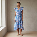 Blue-Pink Floral Block Print Cotton Ruffle Midi Wrap Dress