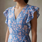 Blue-Pink Floral Block Print Cotton Ruffle Midi Wrap Dress