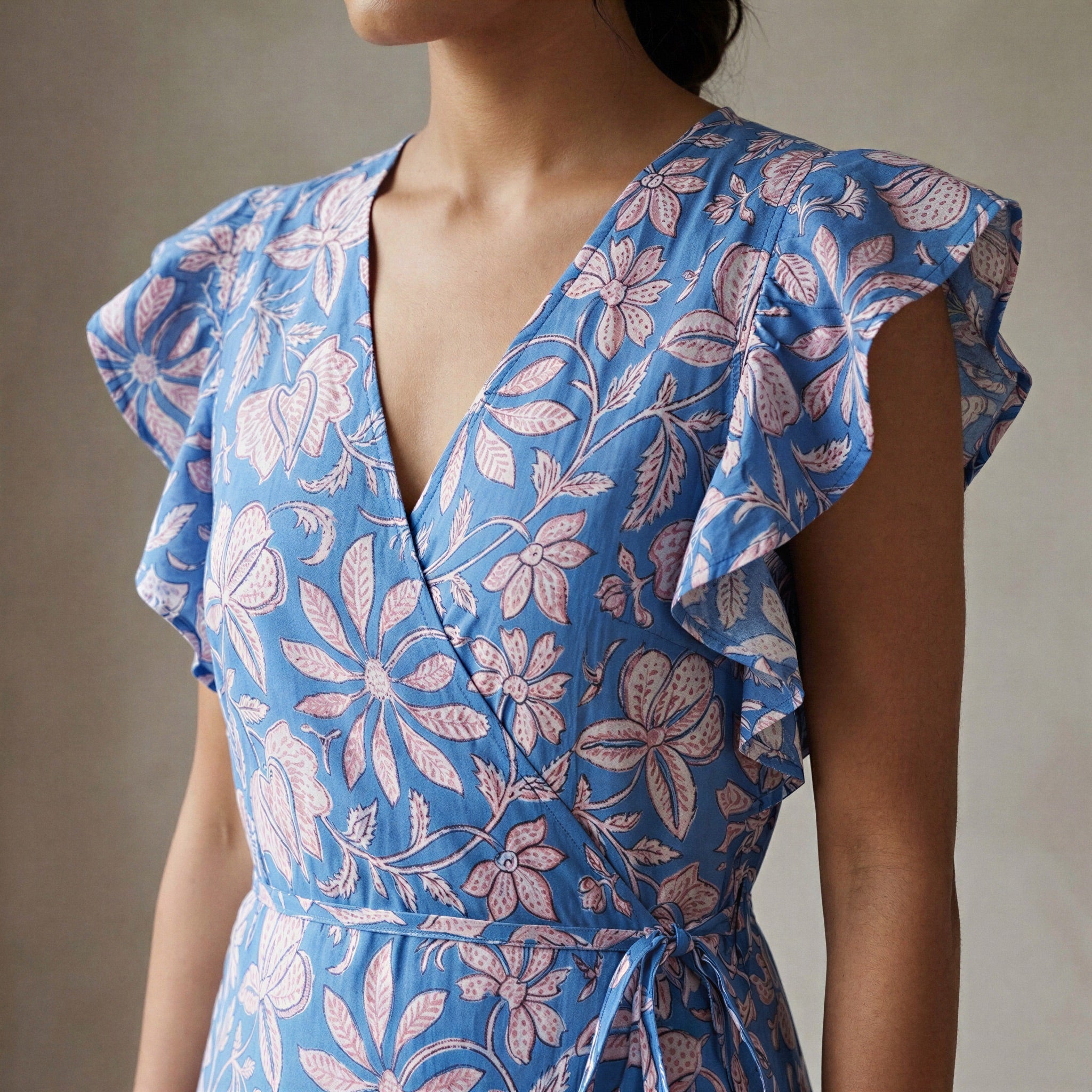 Blue-Pink Floral Block Print Cotton Ruffle Midi Wrap Dress