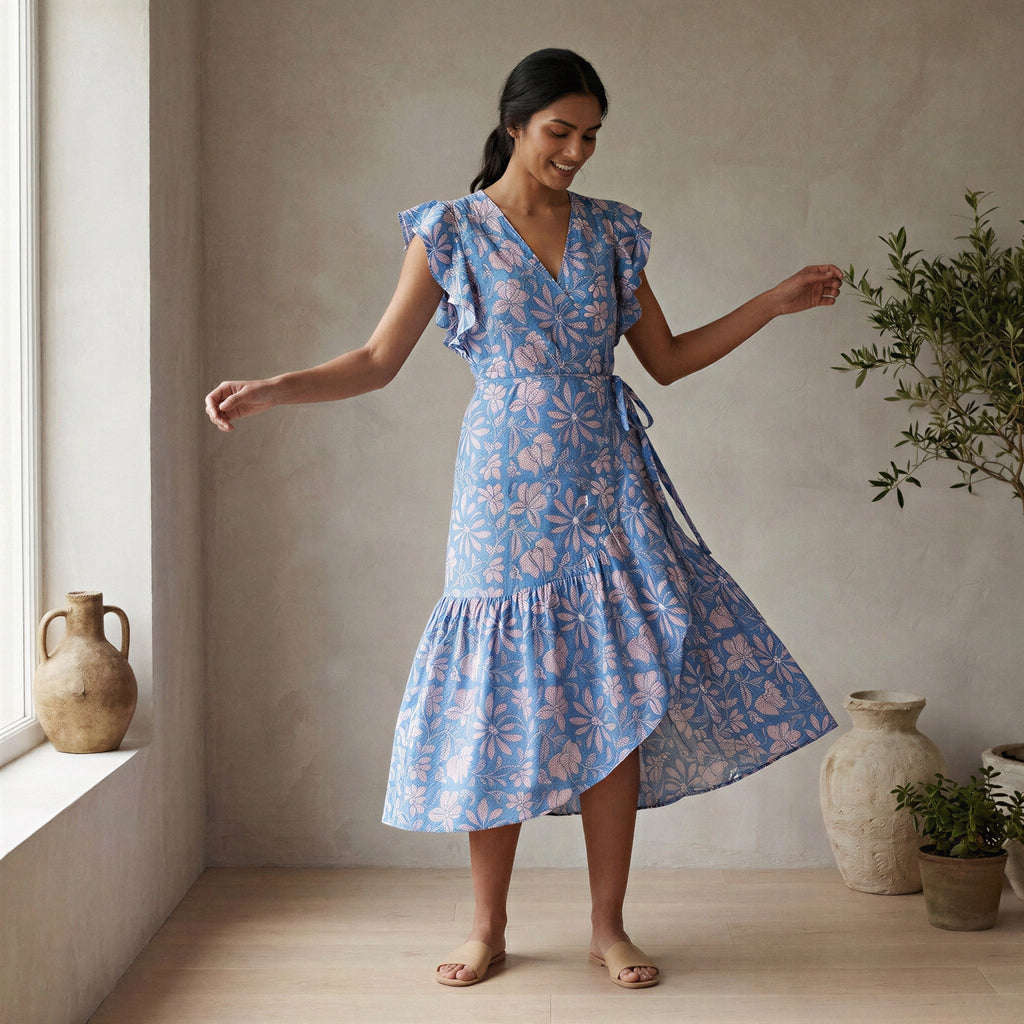 Blue-Pink Floral Block Print Cotton Ruffle Midi Wrap Dress