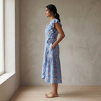 Blue-Pink Floral Block Print Cotton Ruffle Midi Wrap Dress