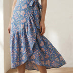 Blue-Pink Floral Block Print Cotton Ruffle Midi Wrap Skirt