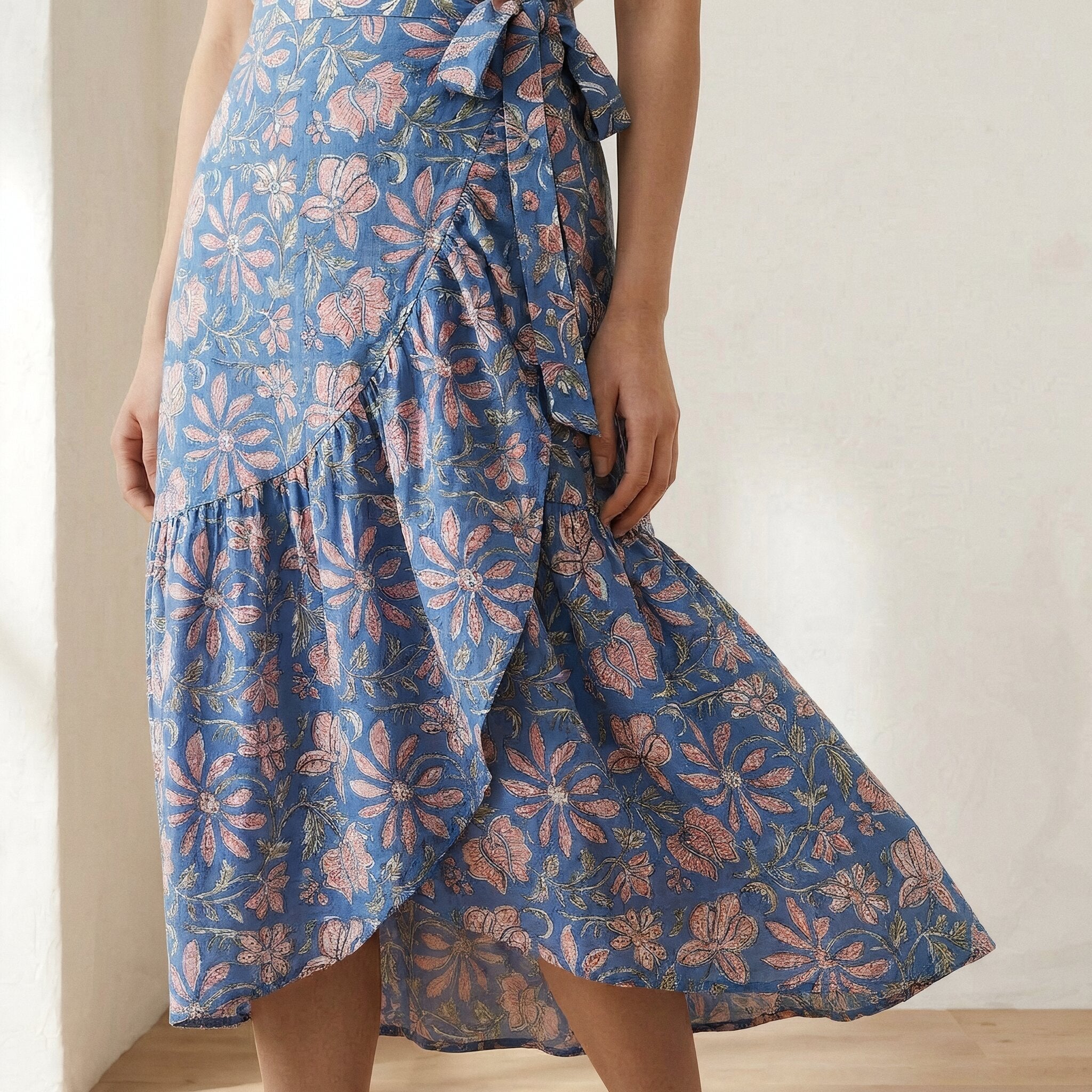 Blue-Pink Floral Block Print Cotton Ruffle Midi Wrap Skirt