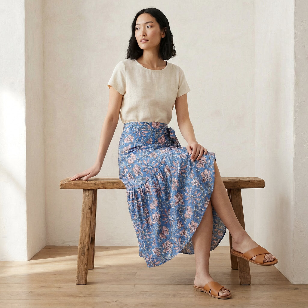 Blue-Pink Floral Block Print Cotton Ruffle Midi Wrap Skirt