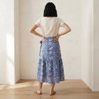 Blue-Pink Floral Block Print Cotton Ruffle Midi Wrap Skirt