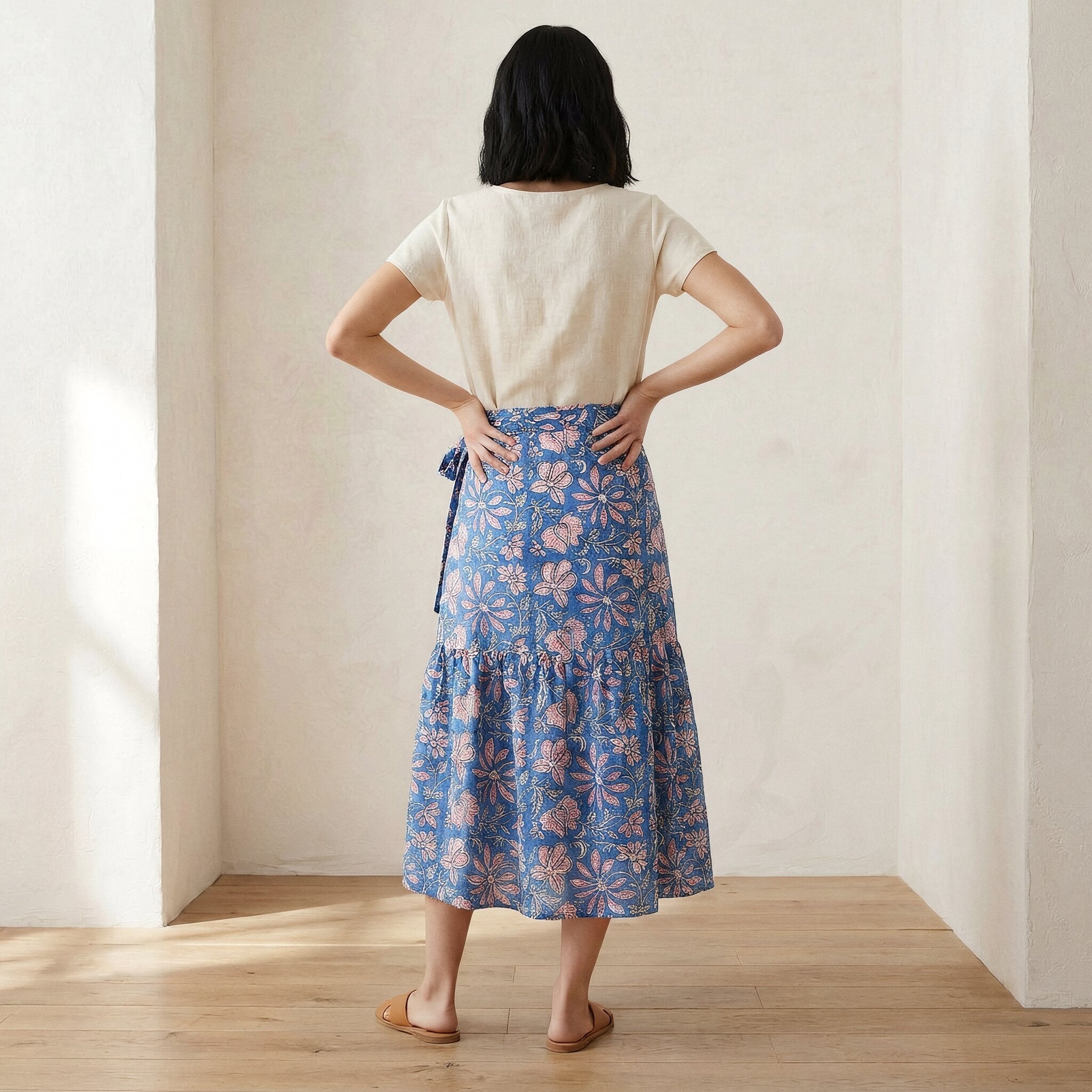 Blue-Pink Floral Block Print Cotton Ruffle Midi Wrap Skirt