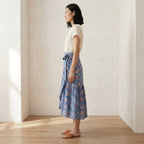 Blue-Pink Floral Block Print Cotton Ruffle Midi Wrap Skirt