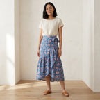 Blue-Pink Floral Block Print Cotton Ruffle Midi Wrap Skirt