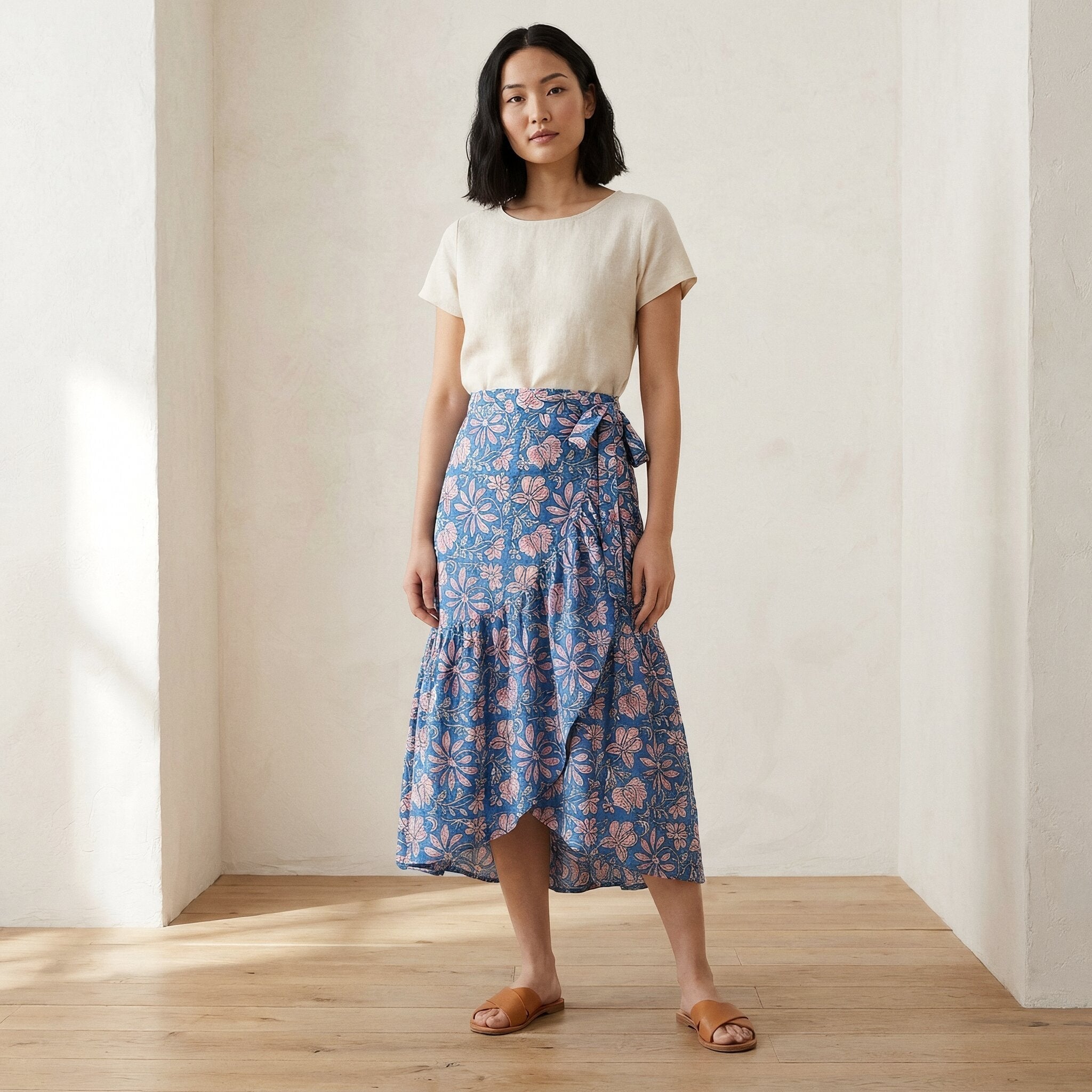 Blue-Pink Floral Block Print Cotton Ruffle Midi Wrap Skirt