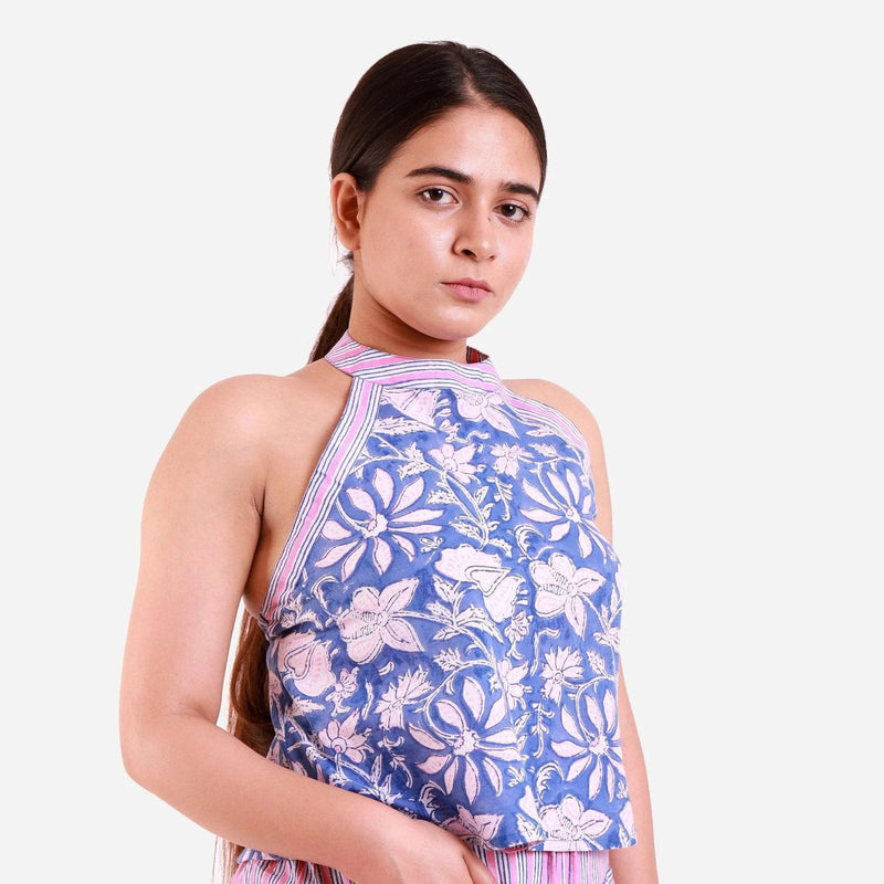 Front Detail of a Model wearing Blue Floral Halter Neck Short Top