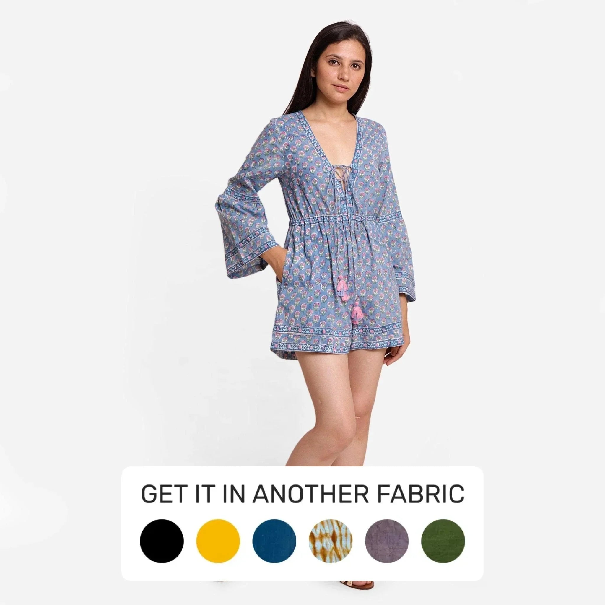 Front View of a Model wearing Sanganeri Hand Block Print Short Playsuit