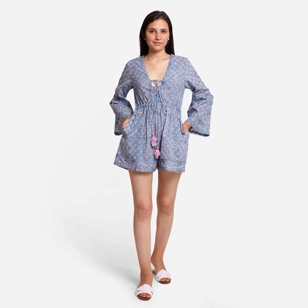 Front View of a Model wearing Sanganeri Hand Block Print Short Playsuit