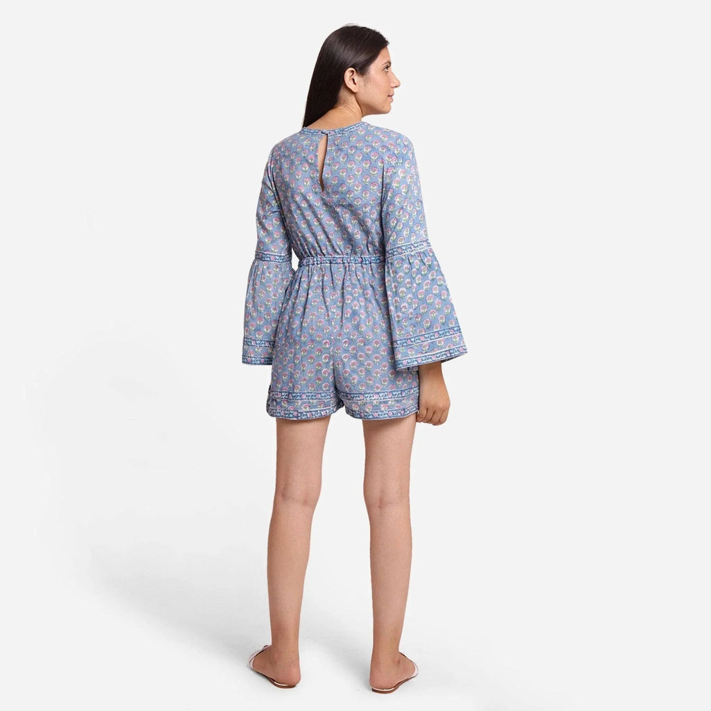 Back View of a Model wearing Sanganeri Hand Block Print Short Playsuit