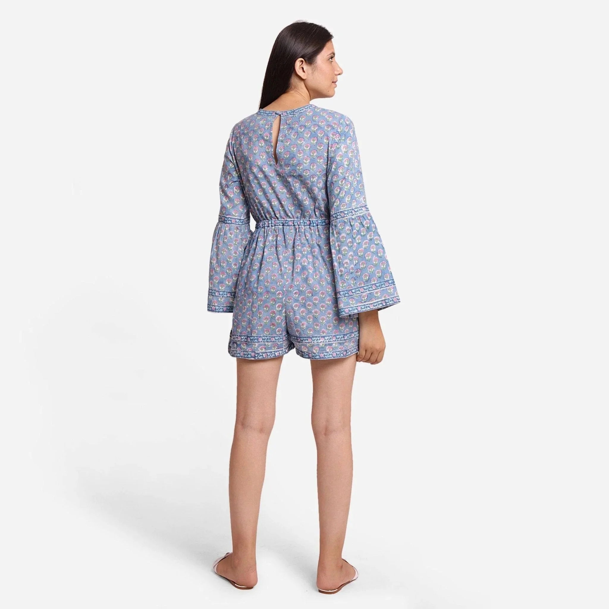 Back View of a Model wearing Sanganeri Hand Block Print Short Playsuit