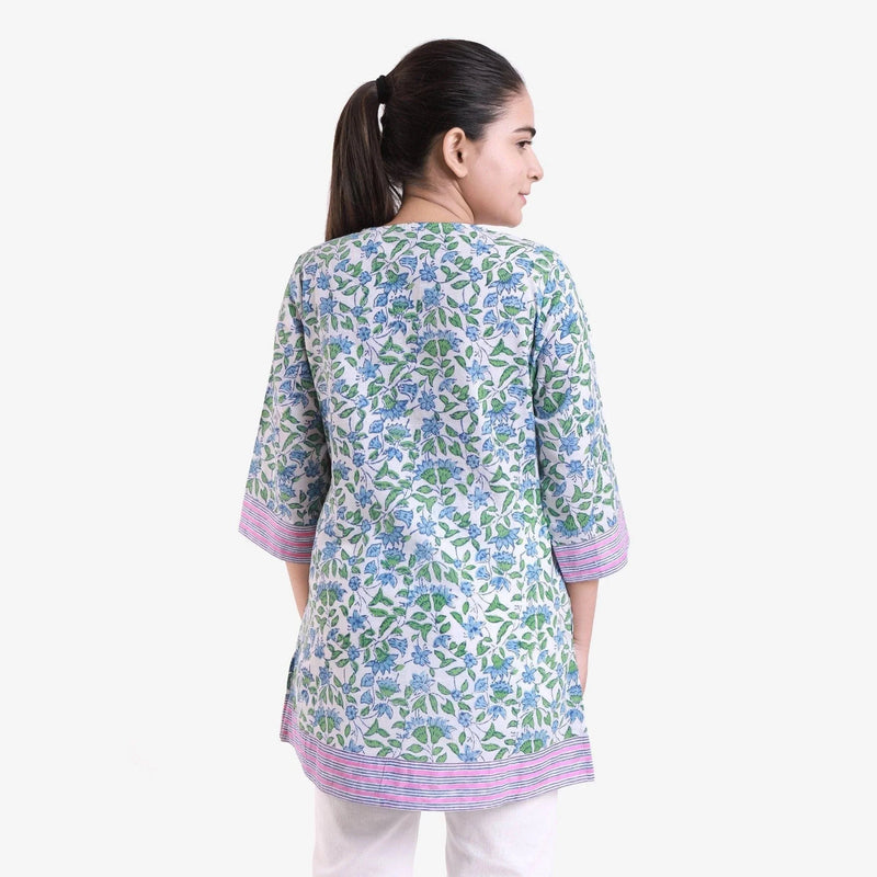 Back View of a Model wearing Block-Printed Sanganeri A-Line Top