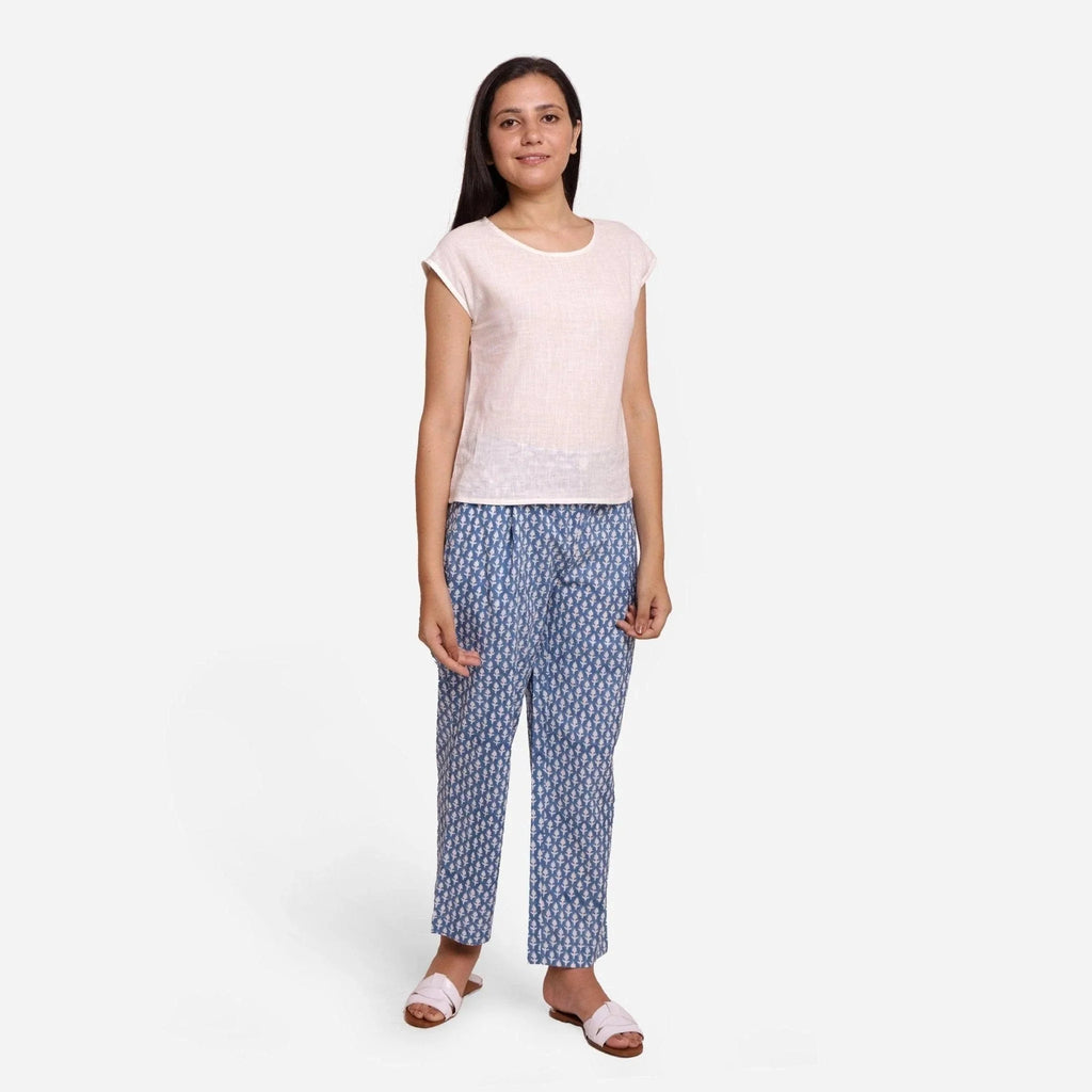Front View of a Model wearing Blue Block Printed Straight Pant