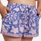 Front Detail of a Model wearing Blue Sanganeri Print Floral Short Shorts
