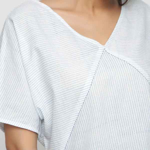 Front Detail of a Model wearing Block Printed Cotton Striped Paneled Top