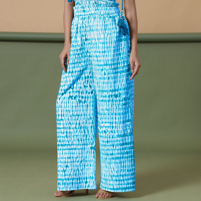 Blue Tie-Dye Cotton High-Rise Elasticated Wide Legged Pant