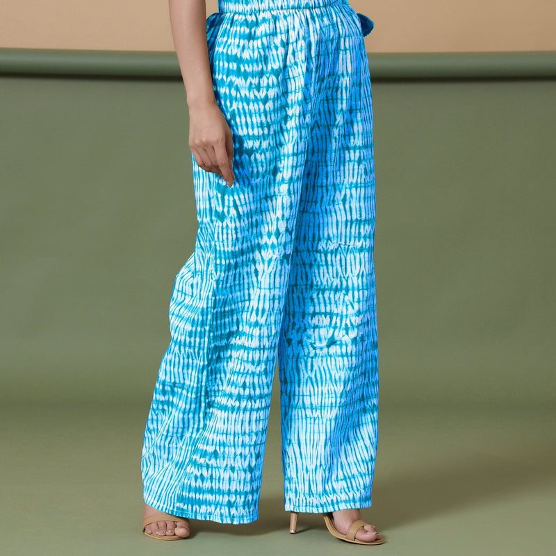 Blue Tie-Dye Cotton High-Rise Elasticated Wide Legged Pant