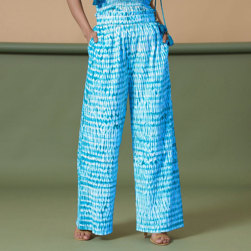 Blue Tie-Dye Cotton High-Rise Elasticated Wide Legged Pant