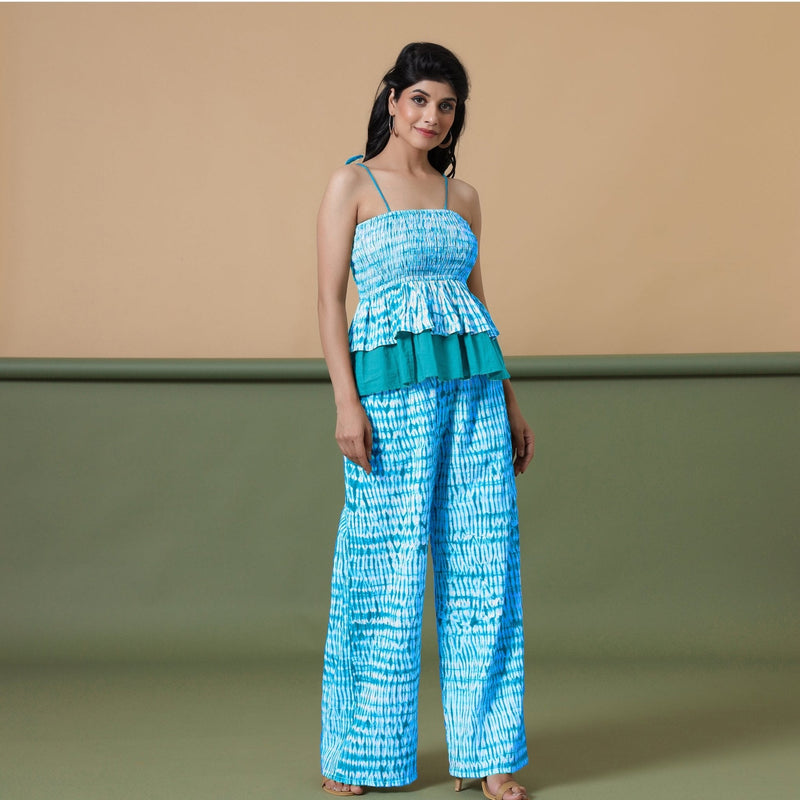 Blue Tie-Dye Cotton High-Rise Elasticated Wide Legged Pant